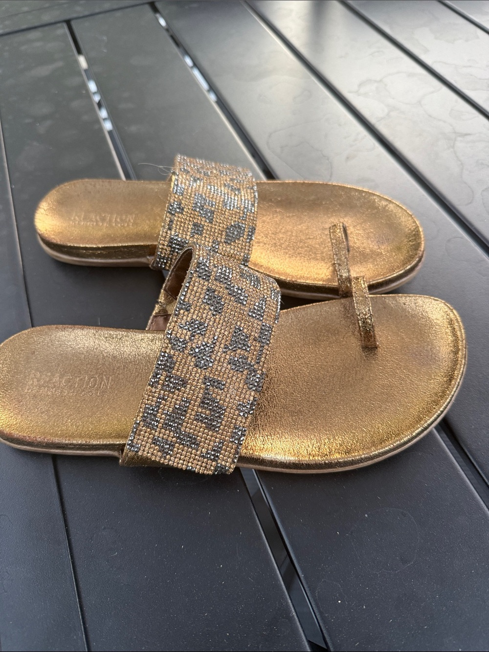 Kenneth Cole Gold Beaded Toe-Ring Slide Sandals